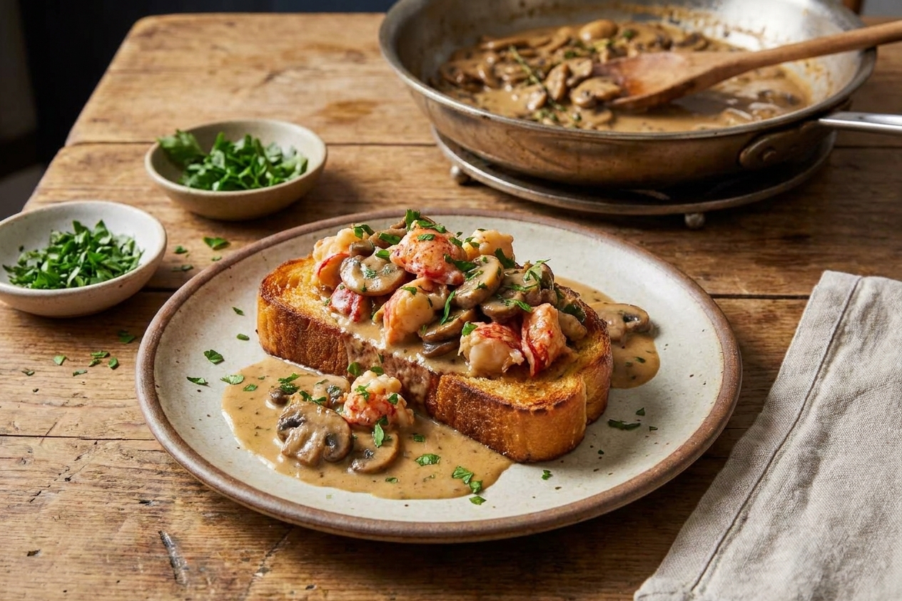 Lobster Theodore spooned over toasted bread on a plate, creamy sauce pooling at the edges with parsley garnish on a wooden table