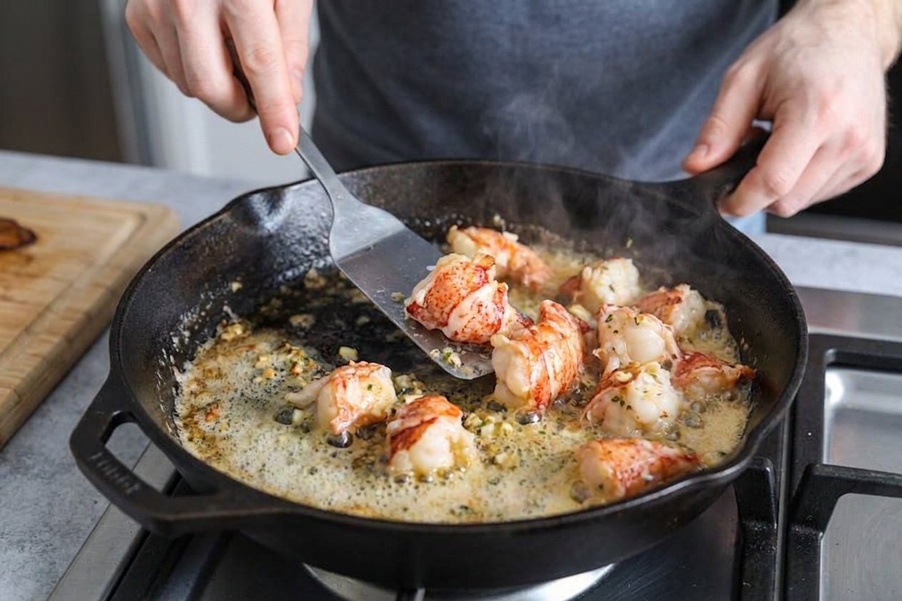 Lobster chunks searing in a skillet with butter bubbling around the edges on a stovetop