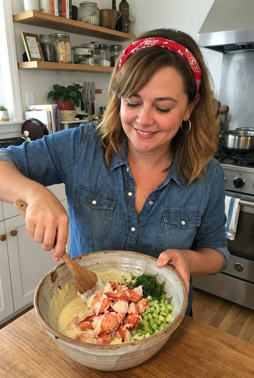 Lobster meat and a creamy lemon dressing being gently folded together in a ceramic mixing bowl on a kitchen counter