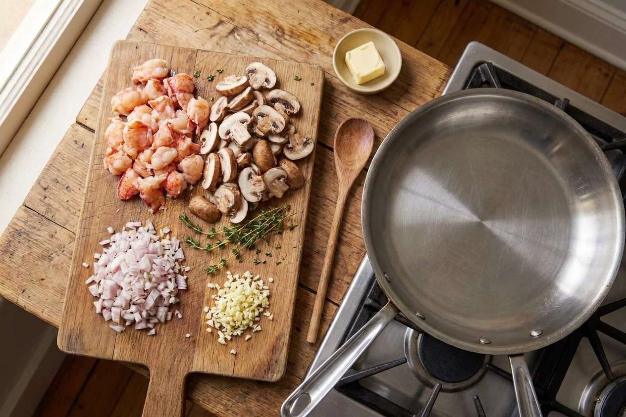Lobster meat, sliced cremini mushrooms, chopped shallots, and minced garlic arranged on a cutting board beside a skillet, ready to cook