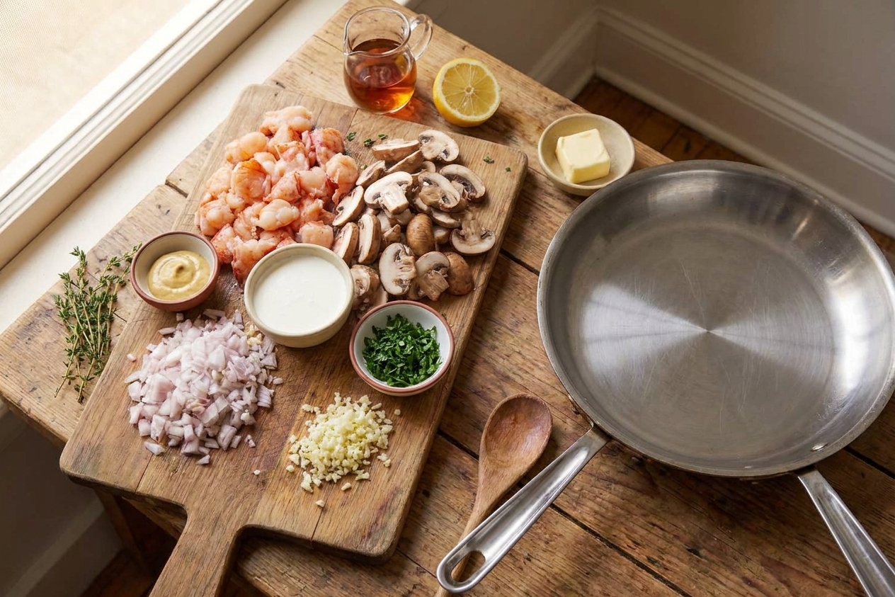 Lobster meat, sliced mushrooms, shallots, Dijon mustard, cream, sherry, lemon, butter, and parsley arranged on a clean kitchen counter under warm light