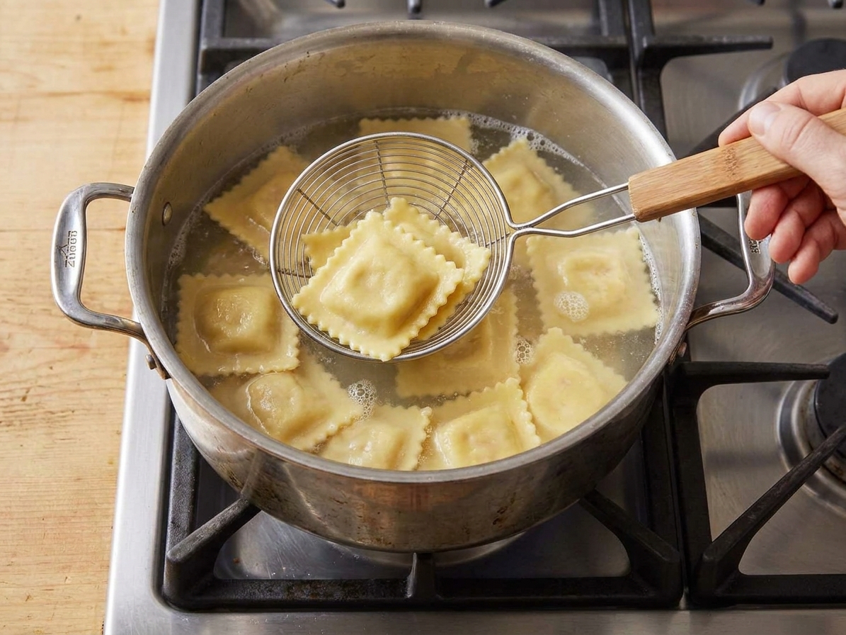 Lobster ravioli simmering gently in a large pot of salted water with a spider strainer hovering above