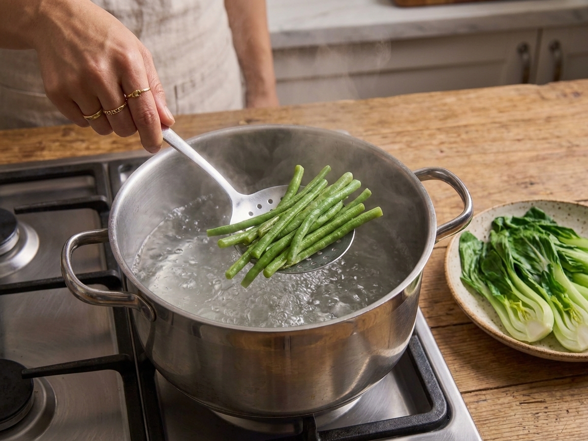 Long beans being lifted from boiling water with a slotted spoon while bok choy waits on a plate