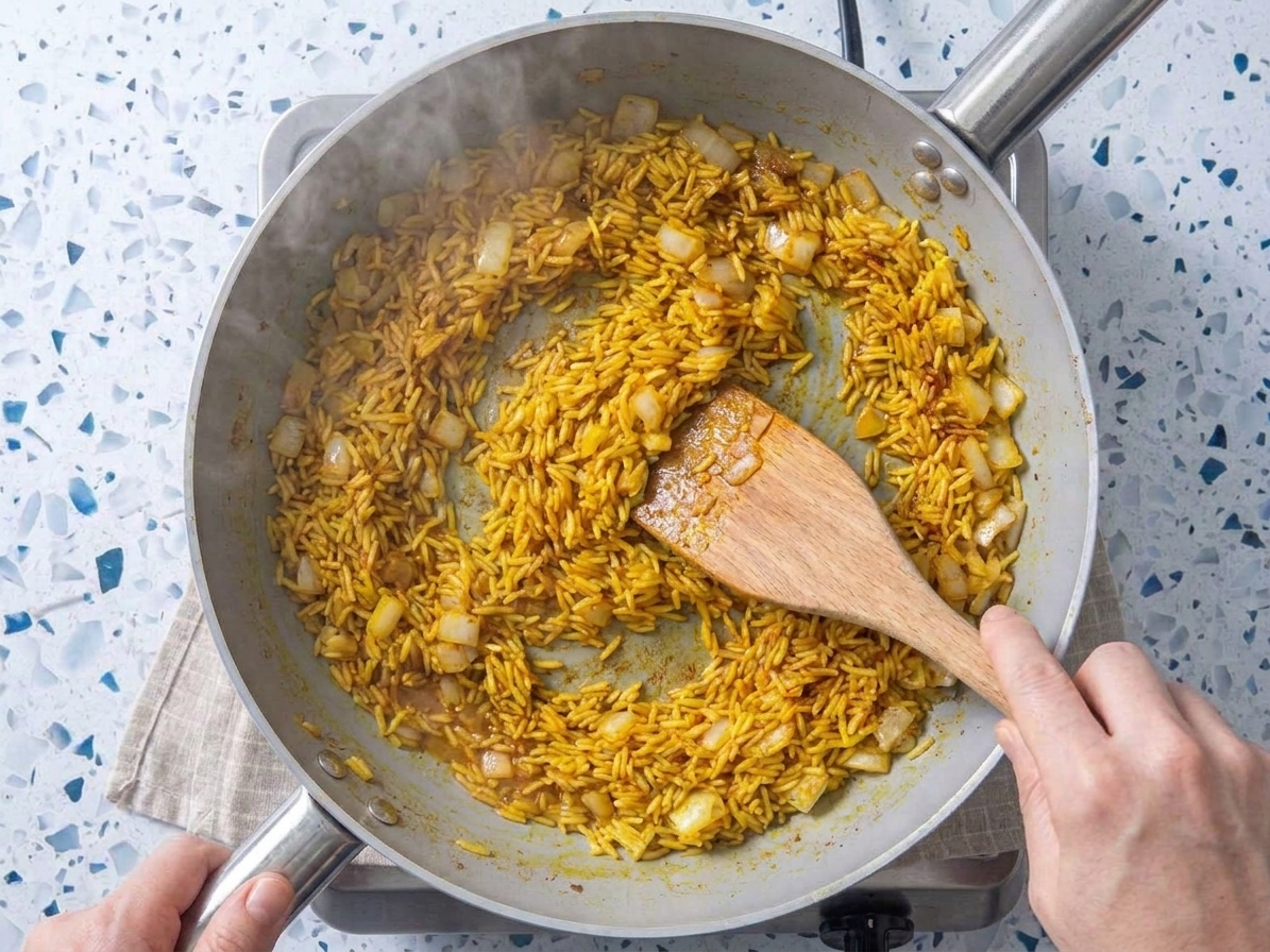 Long-grain rice turning yellow as it is stirred with spices in a skillet alongside softened onions