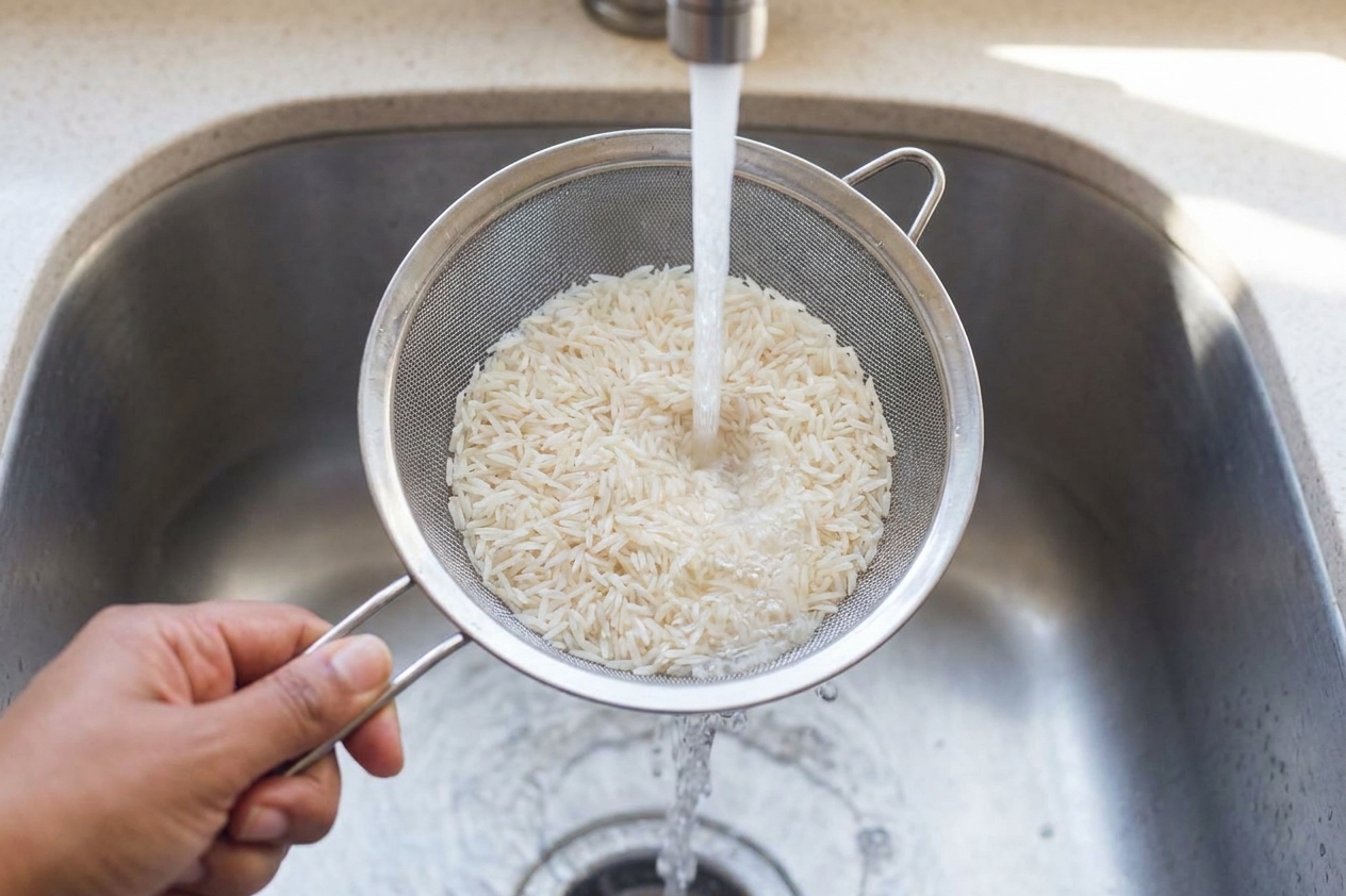 Long-grain white rice being rinsed in a fine mesh strainer over a sink, with clear water running through