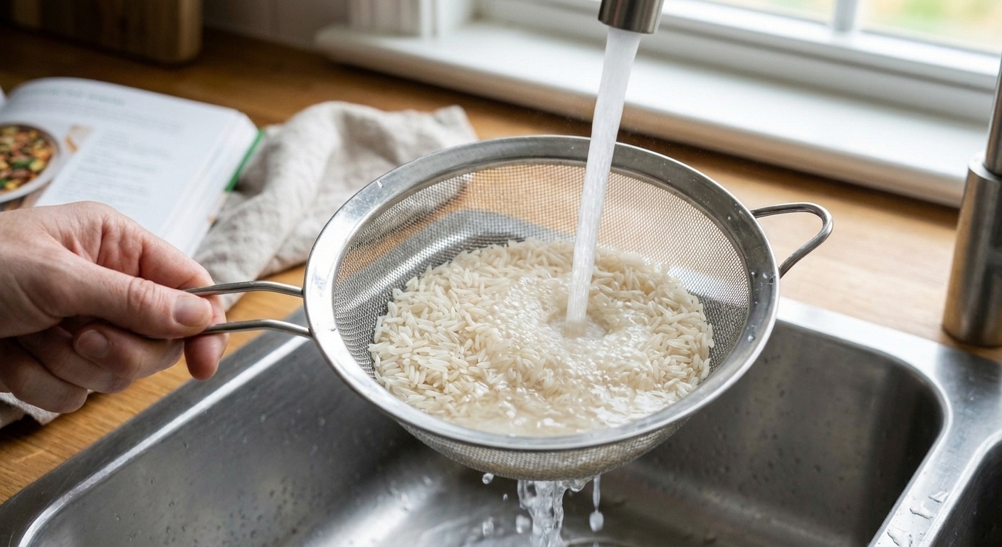 Long-grain white rice being rinsed in a fine mesh strainer under running water in a kitchen sink