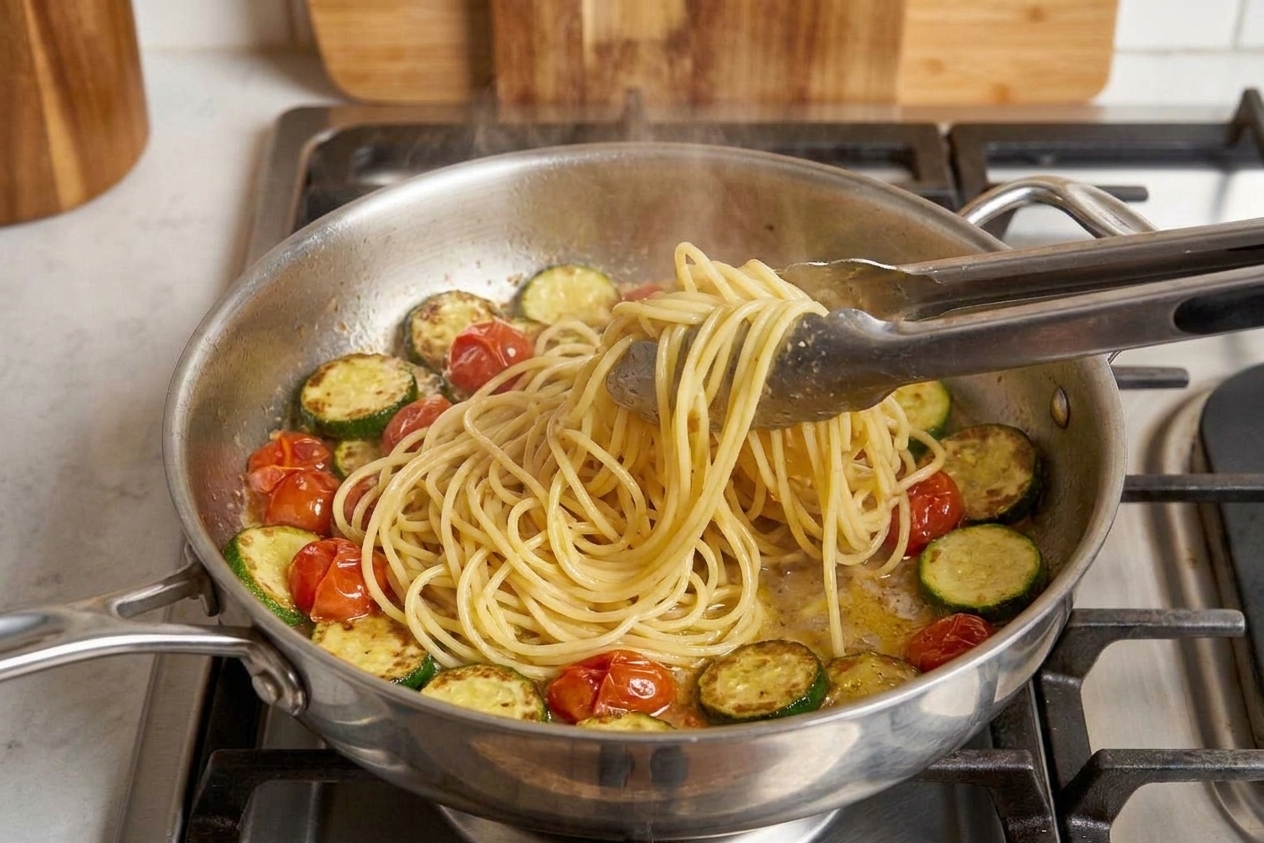 Long pasta being tossed in a skillet with a glossy lemon Parmesan sauce, zucchini, and burst tomatoes using metal tongs