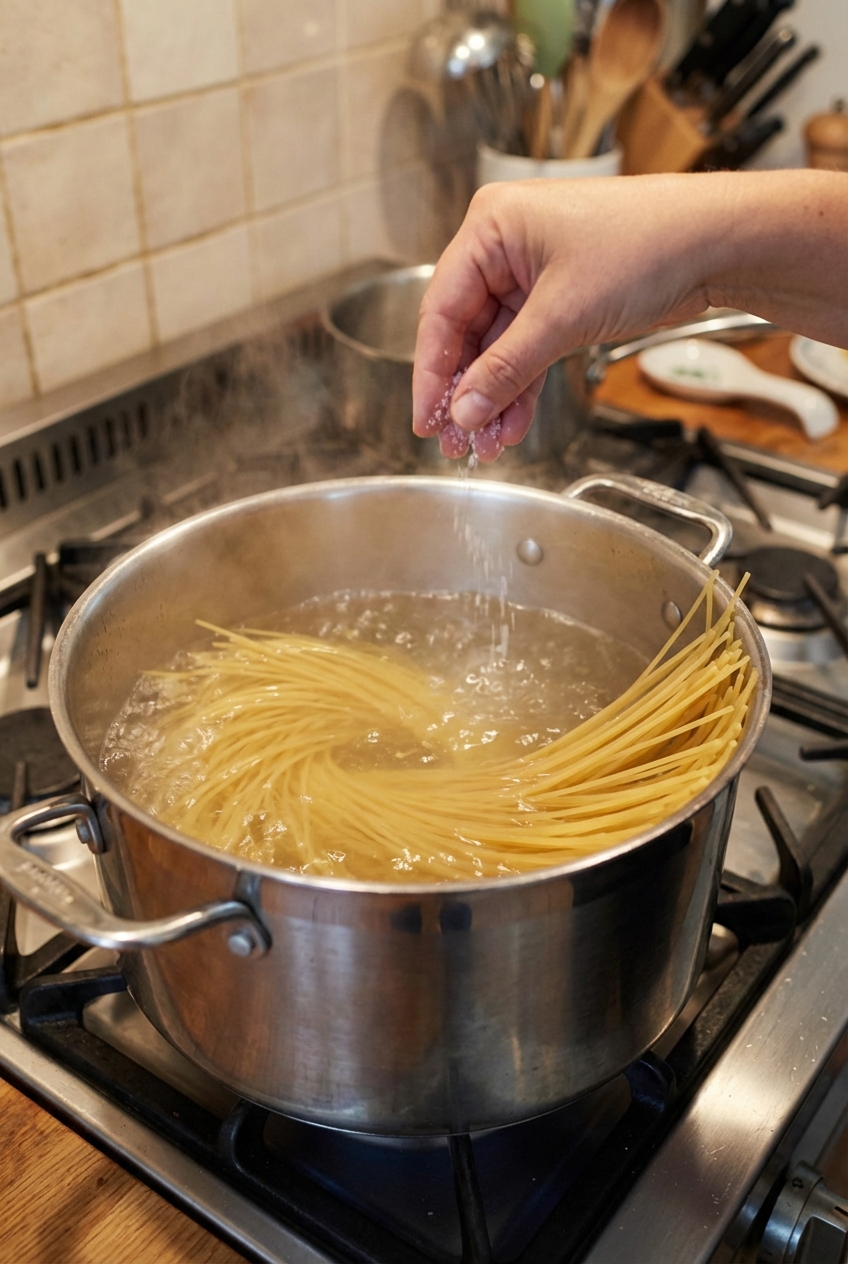 Long pasta boiling in a large pot of salted water on a stovetop