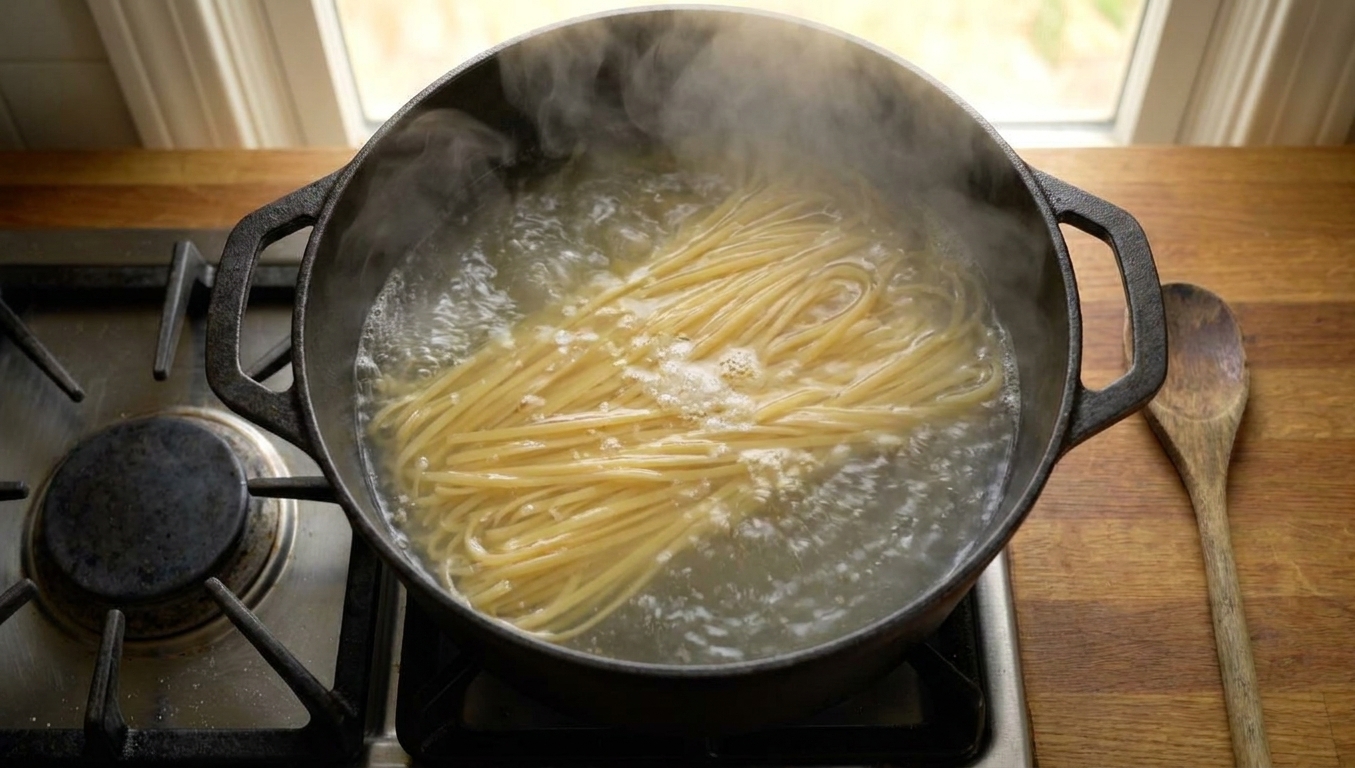 Long strands of linguine boiling in a large pot of salted water on a stovetop with steam rising