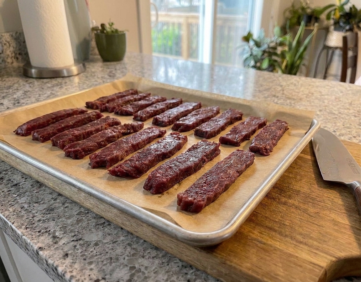 Long strips of very lean beef jerky spread out on a parchment-lined baking sheet on a kitchen counter under soft natural light