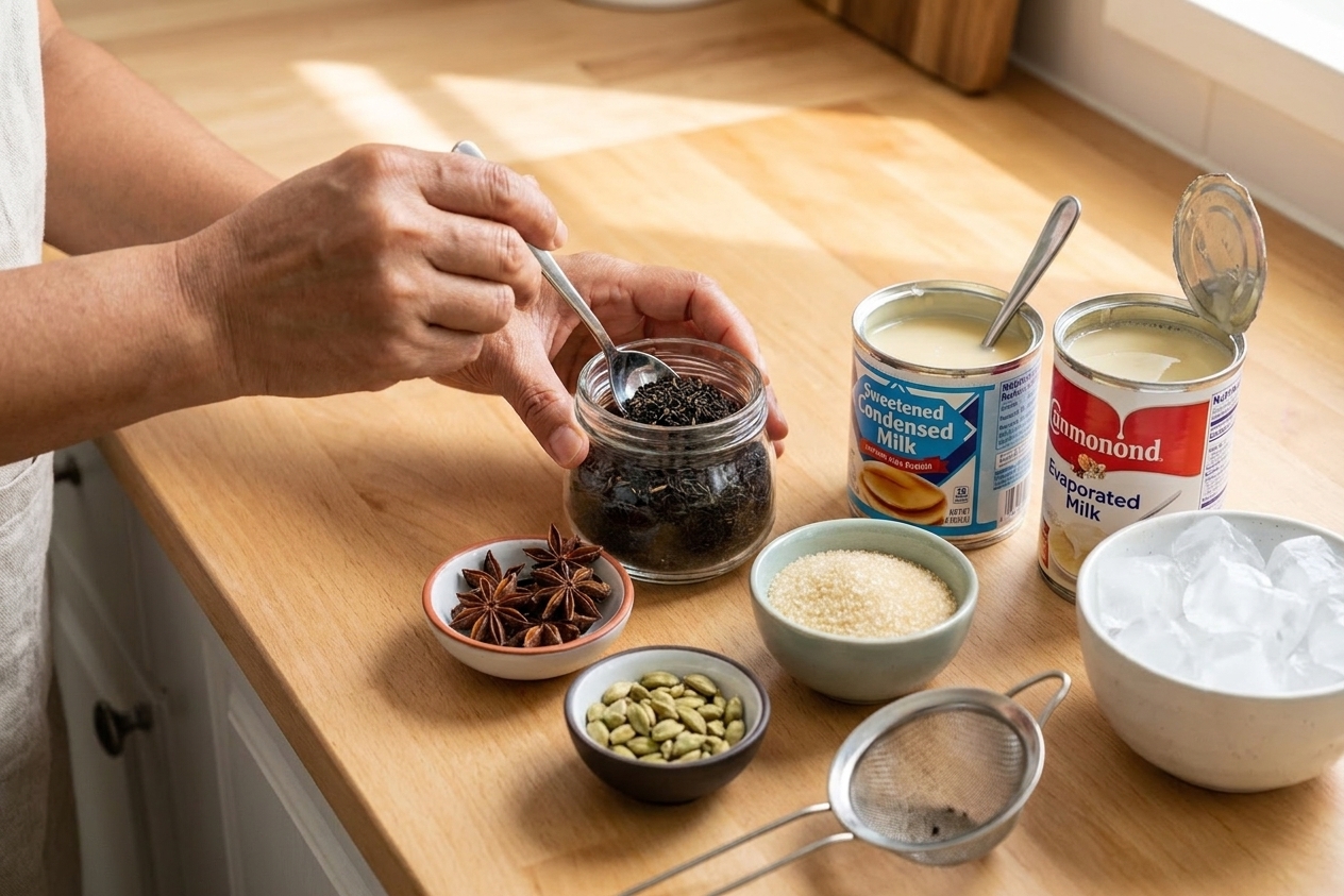 Loose black tea, star anise, cardamom pods, sugar, sweetened condensed milk, evaporated milk, and a bowl of ice arranged on a clean kitchen counter