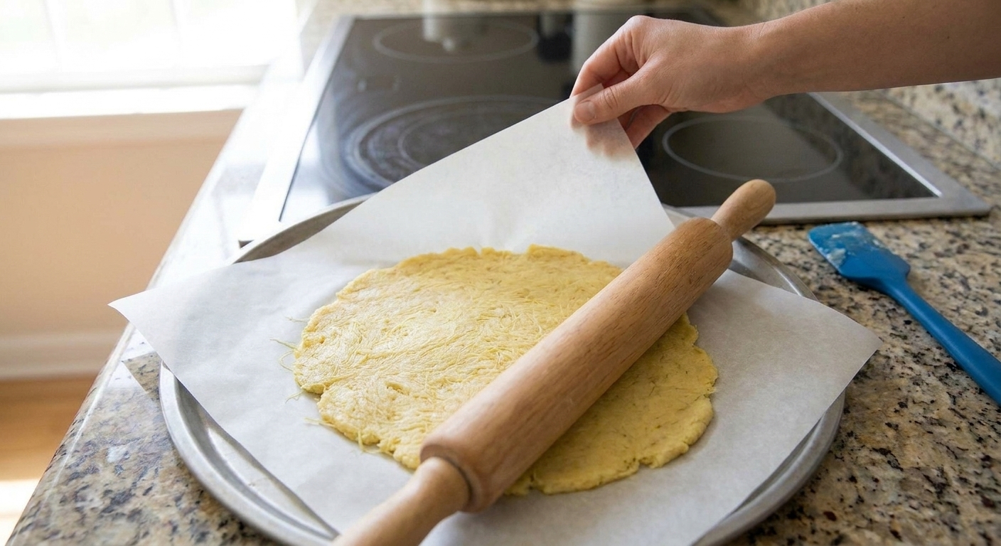 Low carb pizza dough rolled thin between parchment sheets on a pizza pan
