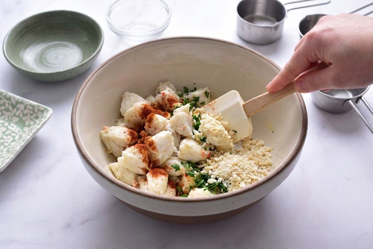 Lump crab meat being gently folded with seasoning and crushed crackers in a mixing bowl