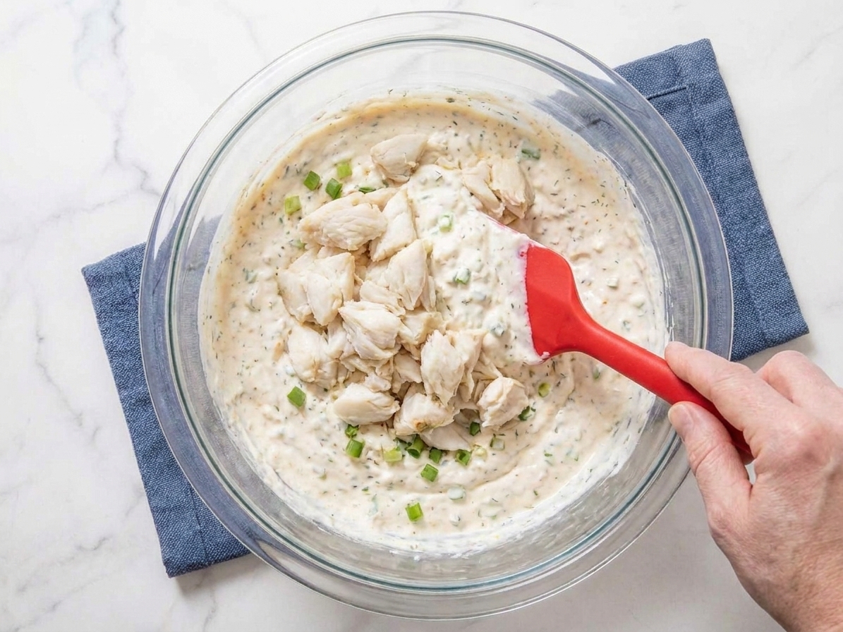Lump crabmeat being gently folded into a creamy dip mixture with a rubber spatula in a mixing bowl