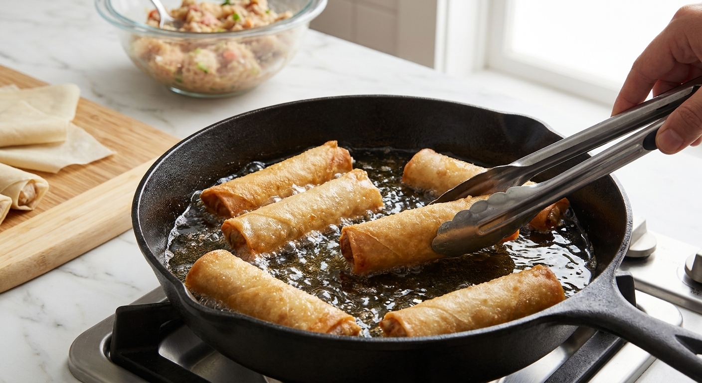 Lumpia rolls sizzling in hot oil in a deep skillet on a stovetop, turning golden brown as they fry