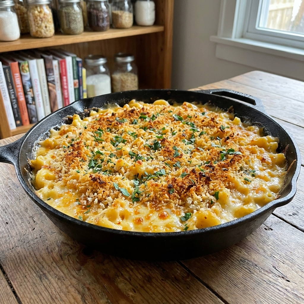 Mac and cheese in a skillet with toasted breadcrumb topping