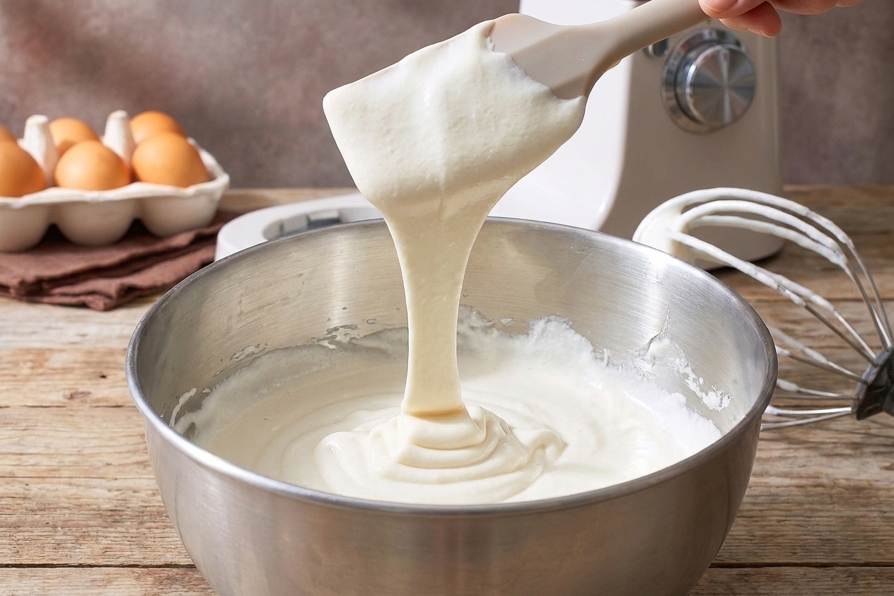 Macaron batter falling in a thick ribbon from a spatula back into a mixing bowl on a home kitchen counter
