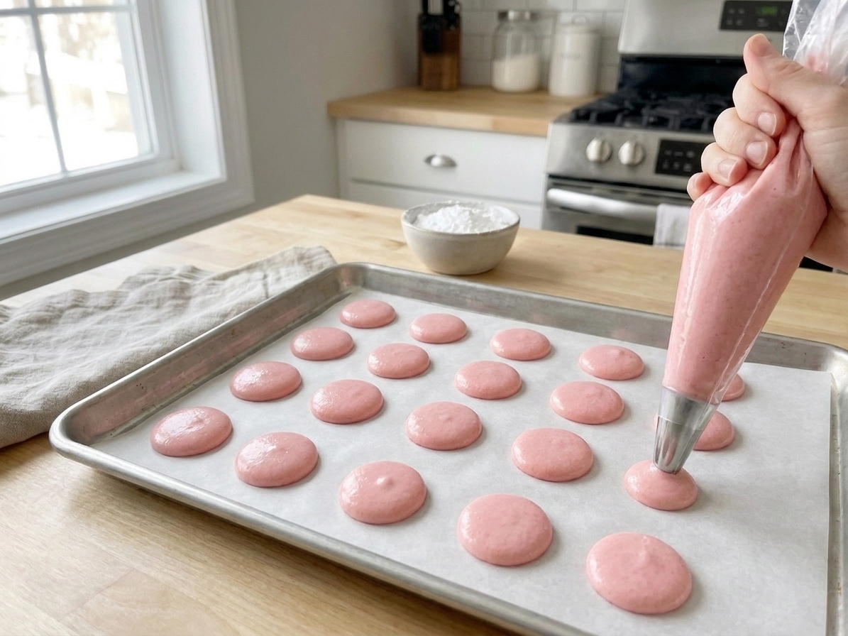 Macaron batter piped into small rounds on a parchment-lined baking sheet, spaced evenly in neat rows