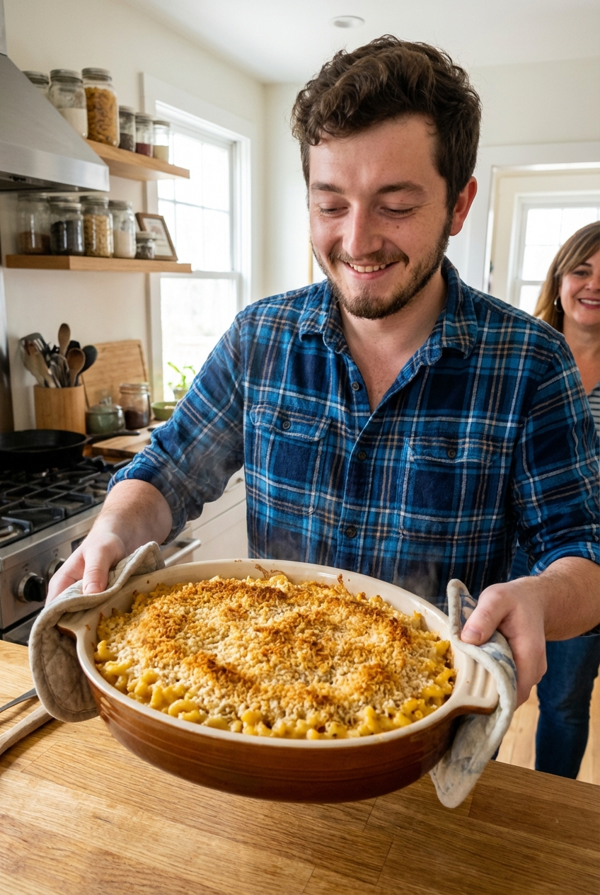Macaroni and cheese in a casserole dish with a golden toasted breadcrumb top