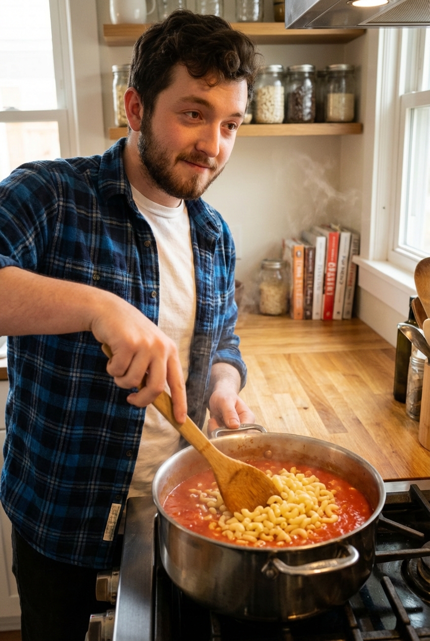 Macaroni being stirred into tomato sauce in a pot