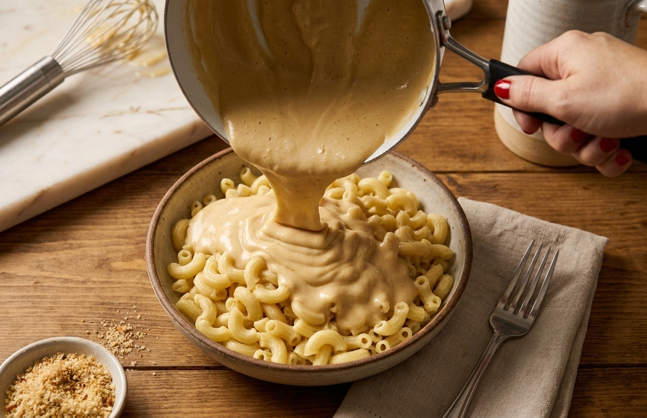 Macaroni in a bowl with creamy cheese sauce being poured over the top, cozy dinner setting