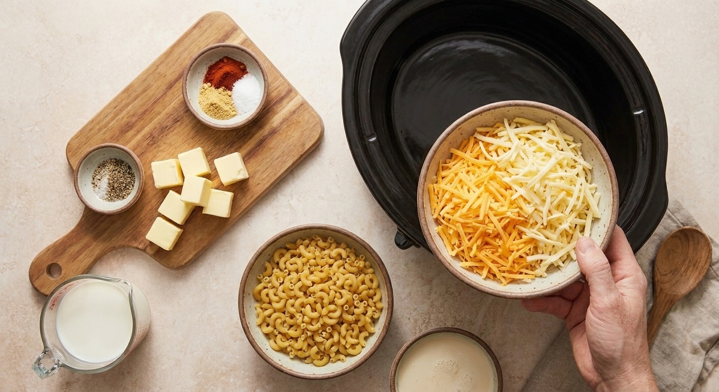 Macaroni, shredded cheeses, evaporated milk, milk, butter, and seasonings for slow cooker mac and cheese