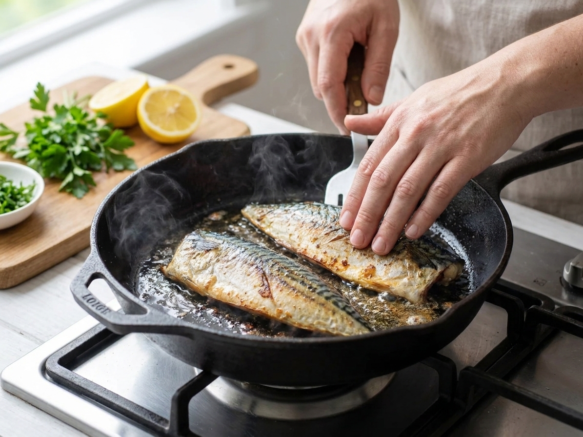Mackerel fillets searing skin-side down in a hot skillet with shimmering oil on a stovetop in a home kitchen