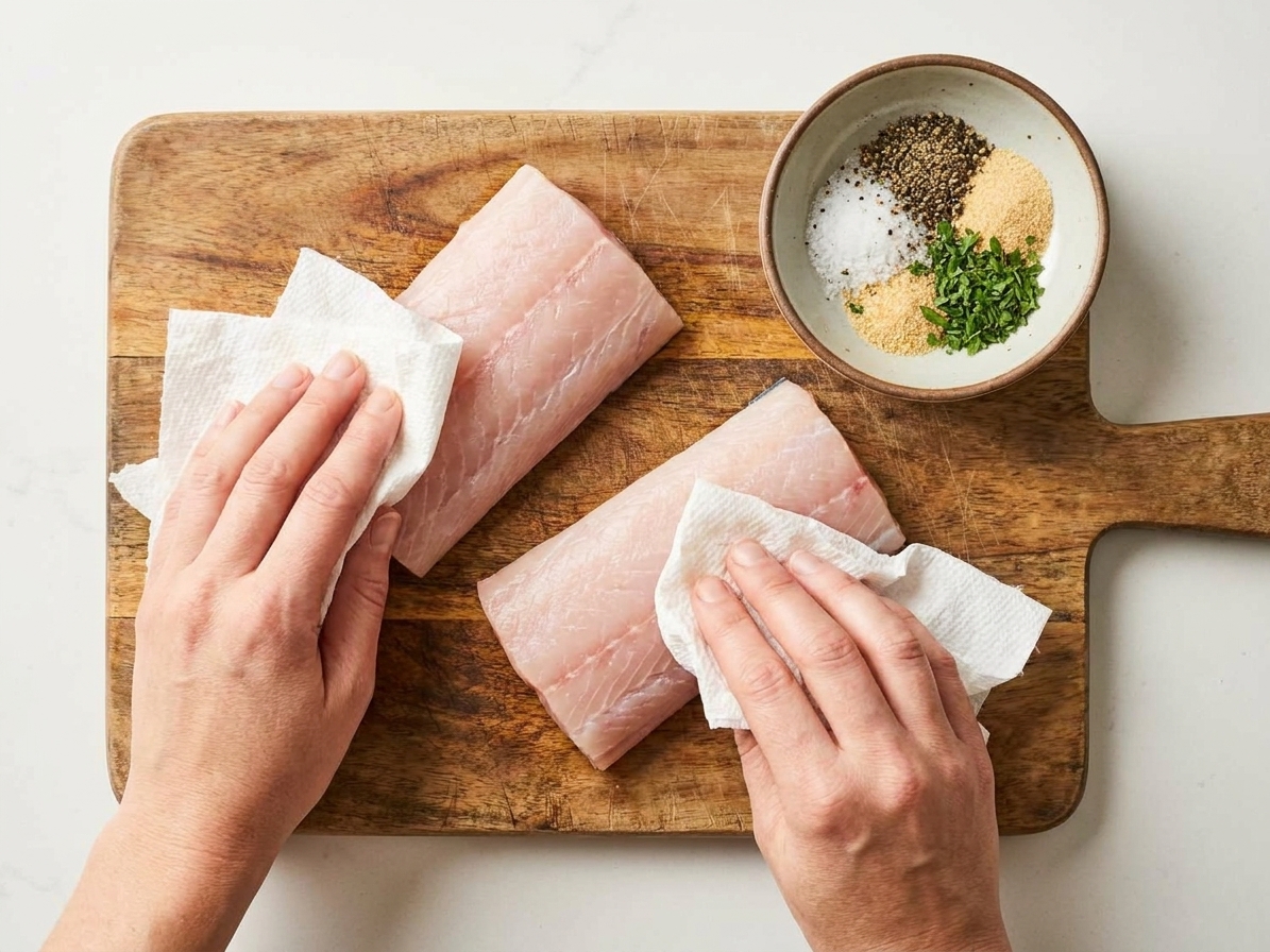 Mahi mahi fillets being patted dry with paper towels on a cutting board beside a small bowl of seasoning