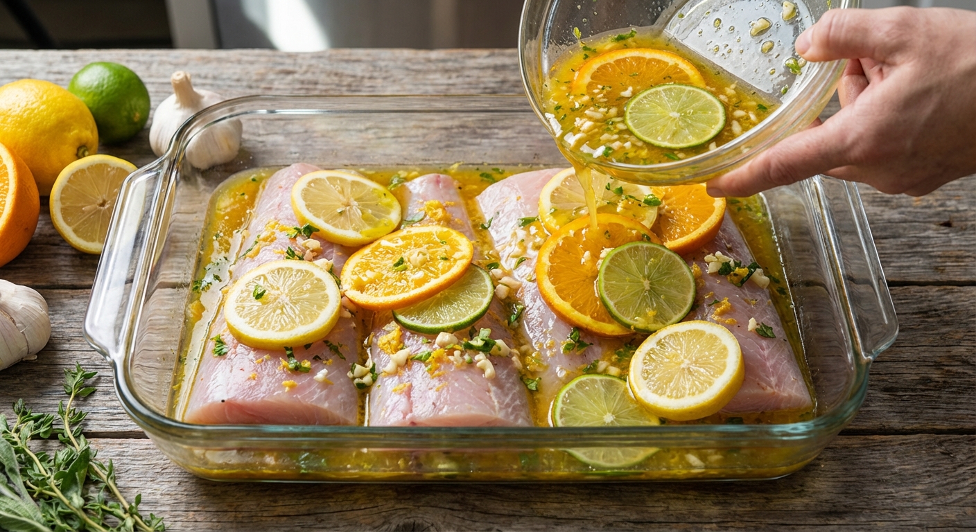 Mahi mahi fillets in a glass dish being coated with a citrus marinade with visible garlic and zest