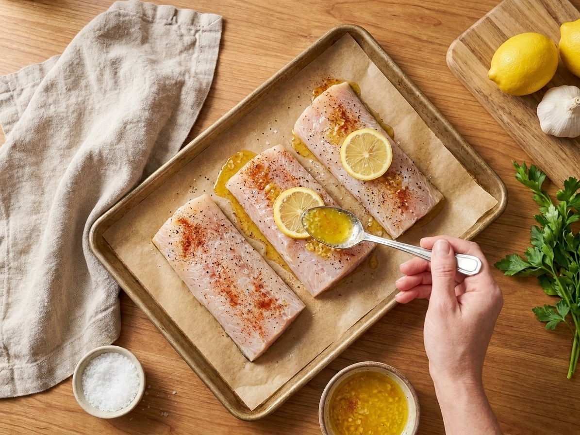 Mahi mahi fillets on a sheet pan being spooned with lemon-garlic butter and paprika seasoning