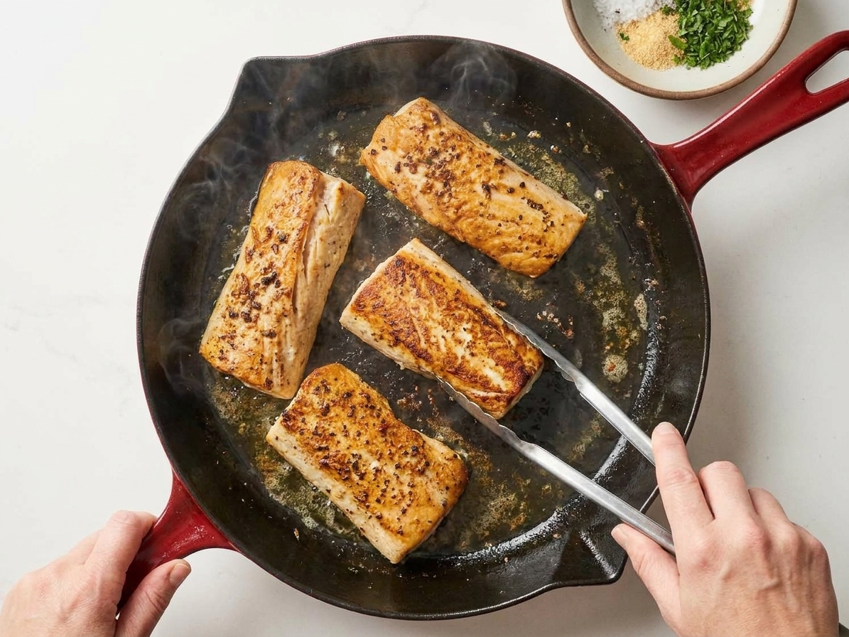 Mahi mahi fillets searing in a hot skillet with golden edges forming on the underside