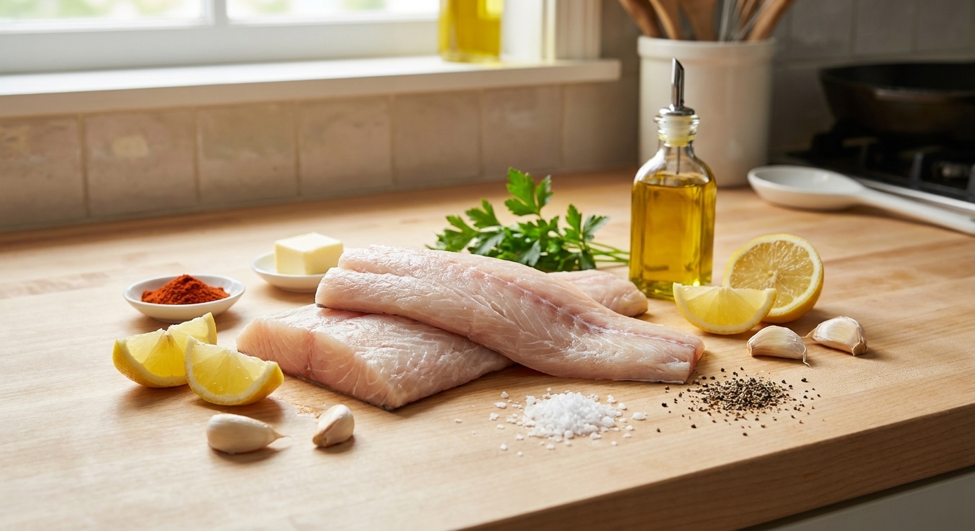 Mahi mahi fillets surrounded by lemon, garlic, butter, parsley, paprika, salt, pepper, and olive oil arranged on a light kitchen counter