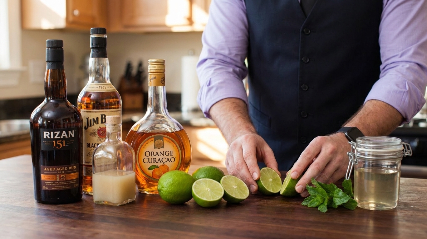 Mai Tai ingredients arranged on a kitchen counter: two bottles of rum, a bottle of orange curaçao, a small bottle of orgeat, fresh limes, and a jar of simple syrup in soft daylight