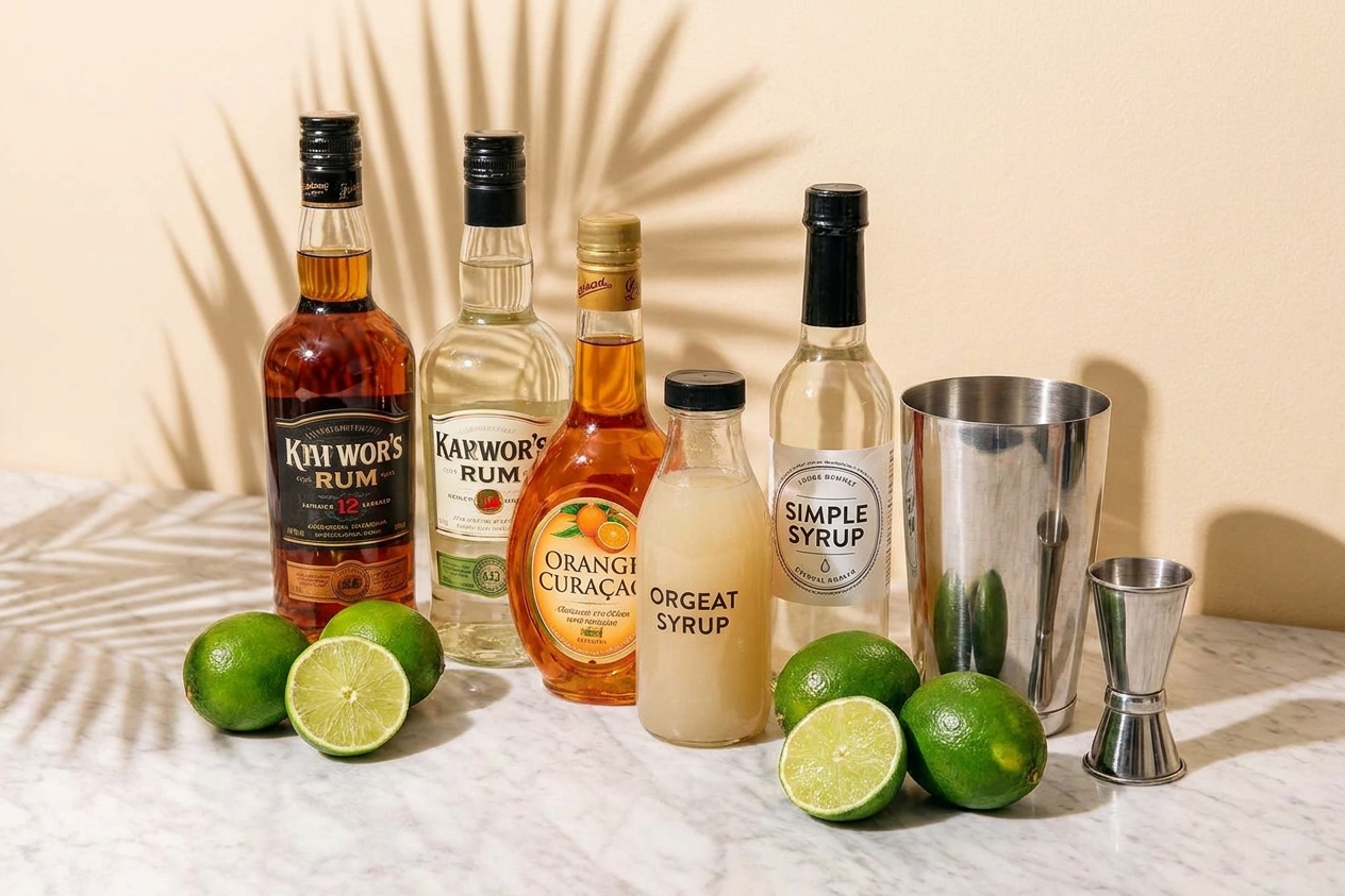 Mai Tai ingredients arranged on a kitchen counter including two rums, fresh limes, orange curaçao, orgeat syrup, simple syrup, a shaker tin, and a jigger in consistent warm kitchen lighting