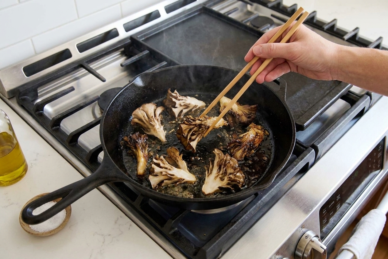 Maitake mushroom clusters searing in a hot skillet with oil, edges beginning to turn golden brown on a home stove