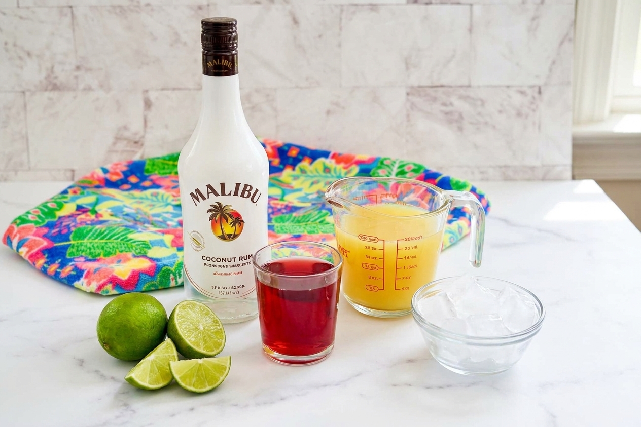 Malibu coconut rum, pineapple juice, cranberry juice, lime, and ice measured and arranged on a clean kitchen counter