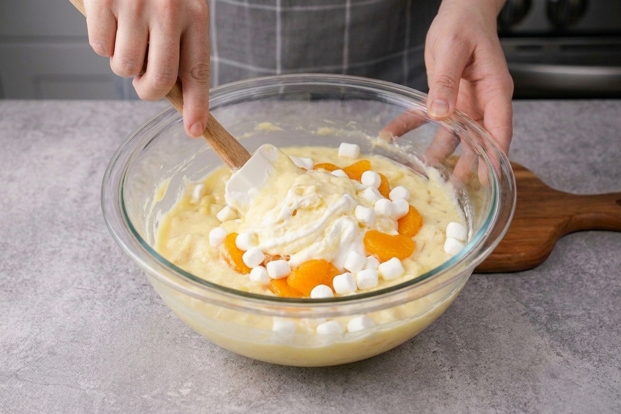 Mandarin oranges and mini marshmallows being folded into a creamy fruit salad mixture in a large bowl