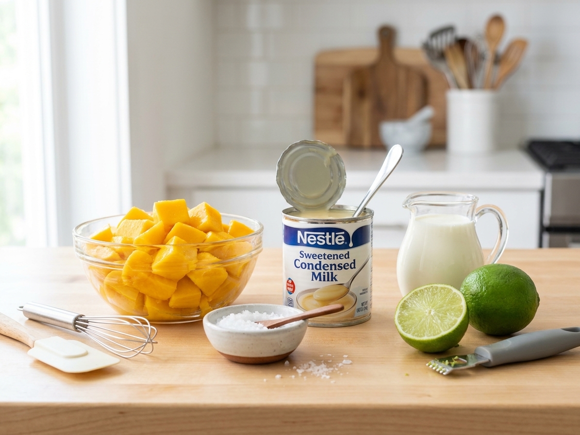 Mango chunks, a can of sweetened condensed milk, heavy cream, lime, and salt measured out on a bright kitchen counter