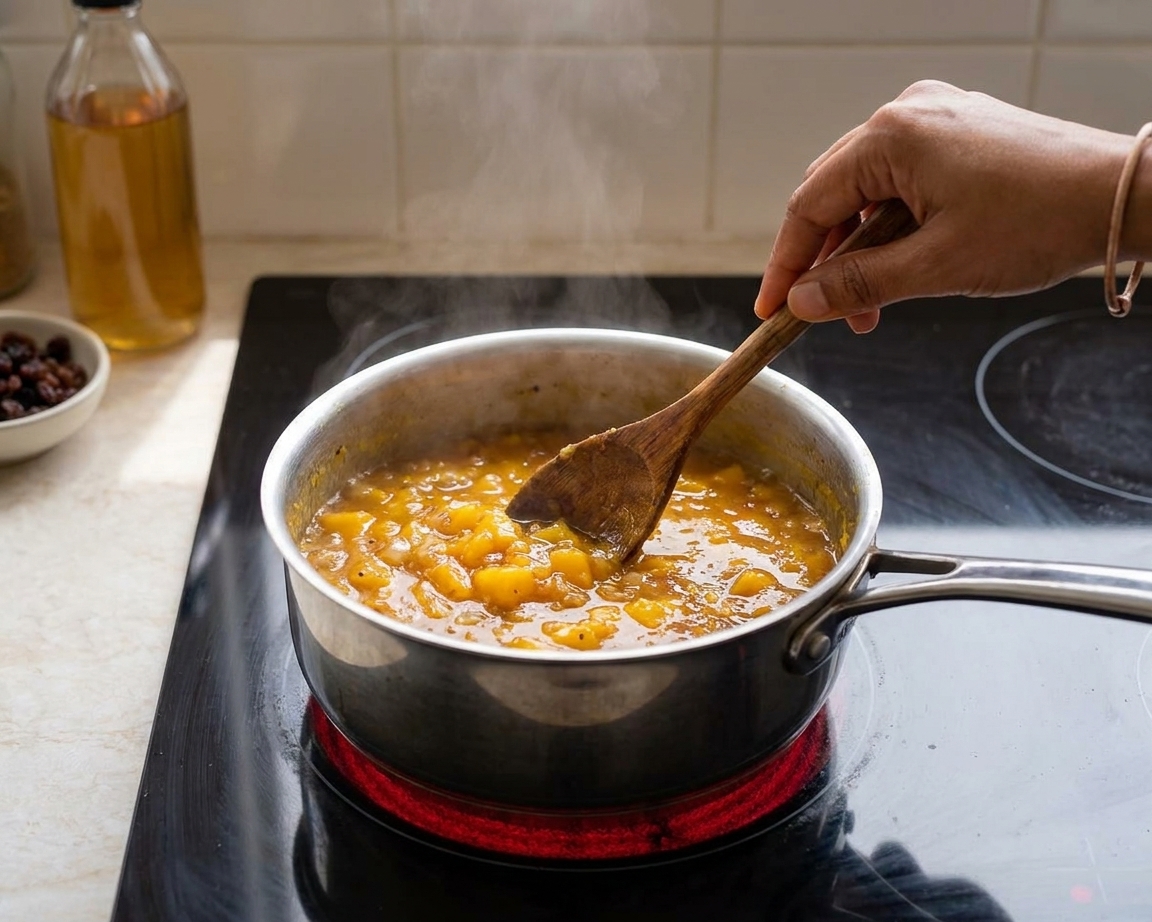 Mango chutney bubbling gently in a saucepan on a stove with a wooden spoon stirring, warm kitchen lighting