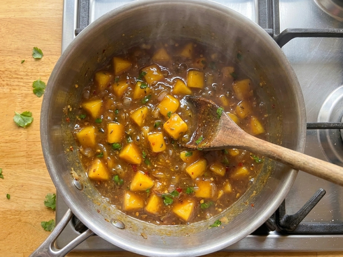 Mango chutney simmering in a saucepan with visible softened mango pieces and a glossy, thickening sauce