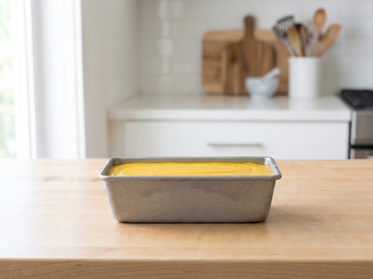 Mango ice cream base poured into a metal loaf pan with the surface smoothed flat on a kitchen counter