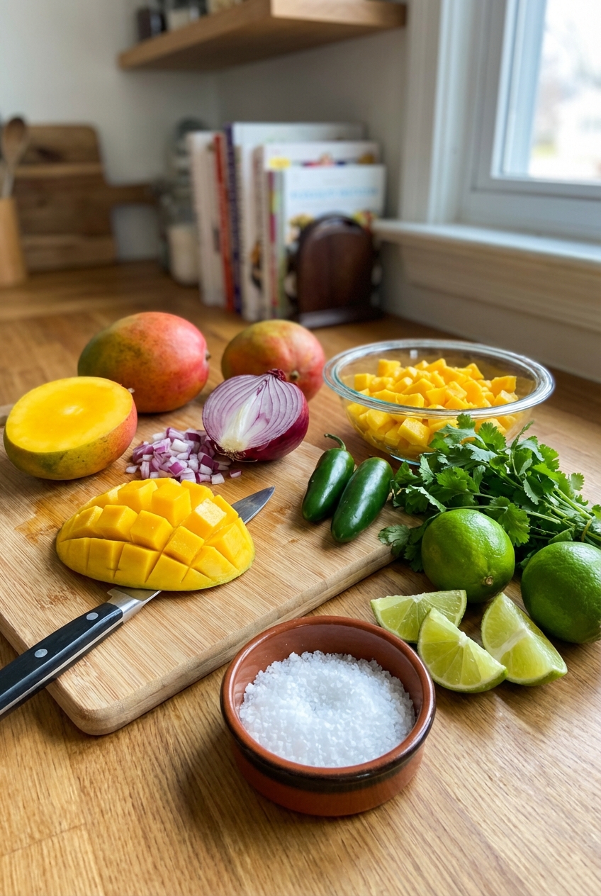 Mango salsa ingredients on a counter, including mangoes, red onion, jalapeño, cilantro, limes, and salt