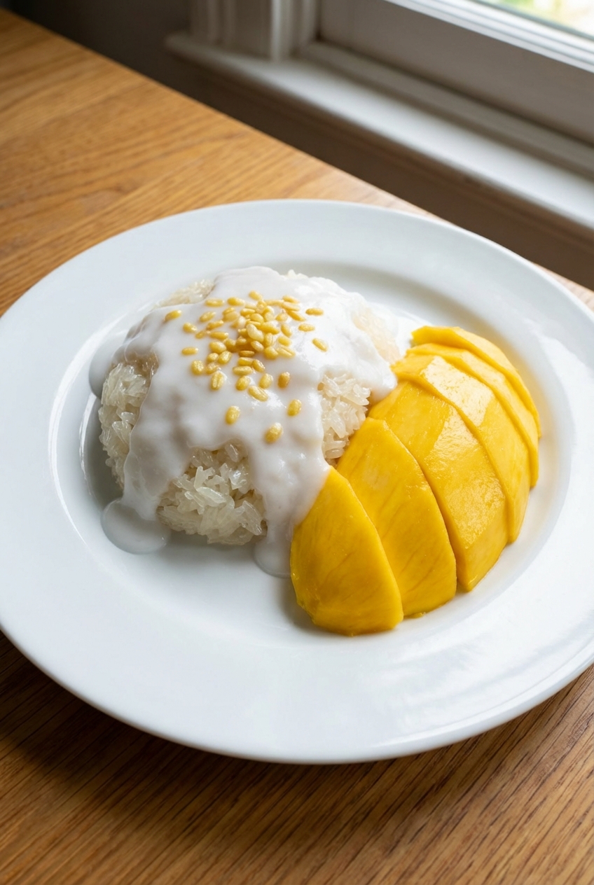 Mango slices next to sticky rice with coconut sauce on a plate