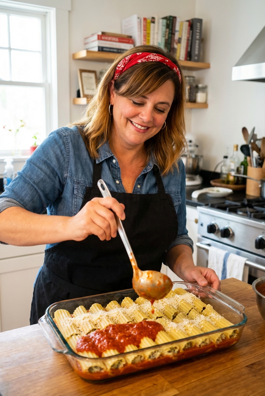 Manicotti arranged in a baking dish being covered with marinara sauce before baking