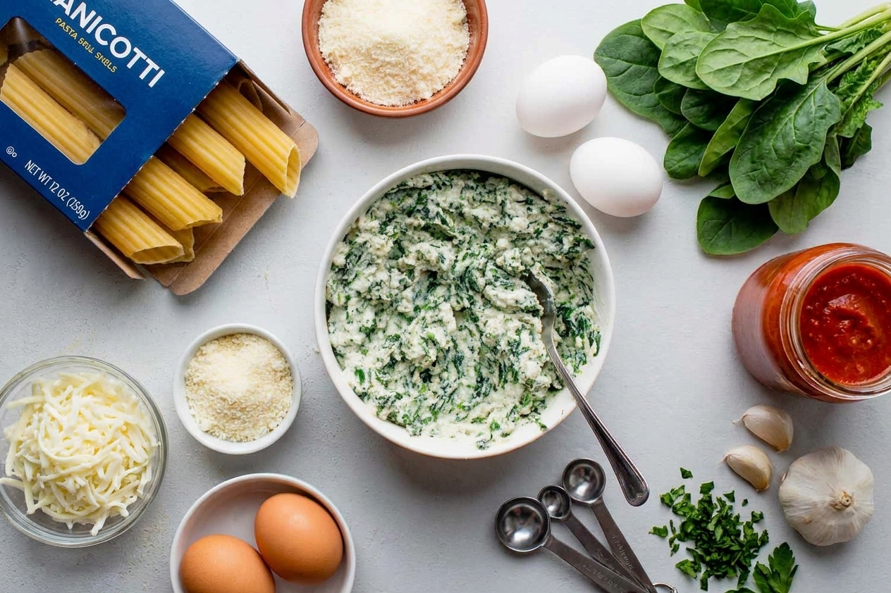 Manicotti shells, ricotta, mozzarella, Parmesan, eggs, spinach, marinara, garlic, and herbs arranged on a kitchen counter with measuring spoons