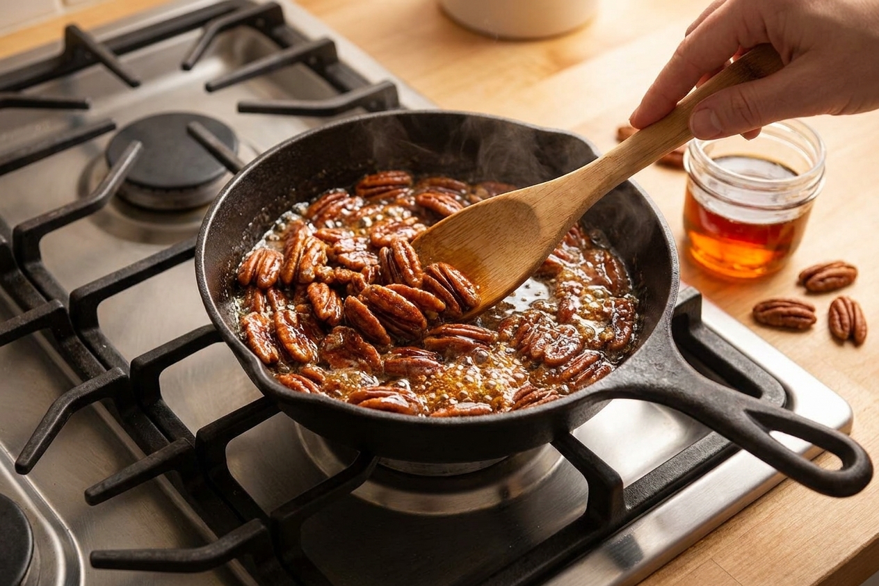 Maple candied pecans being stirred in a small skillet with a glossy coating on a stovetop in warm kitchen lighting