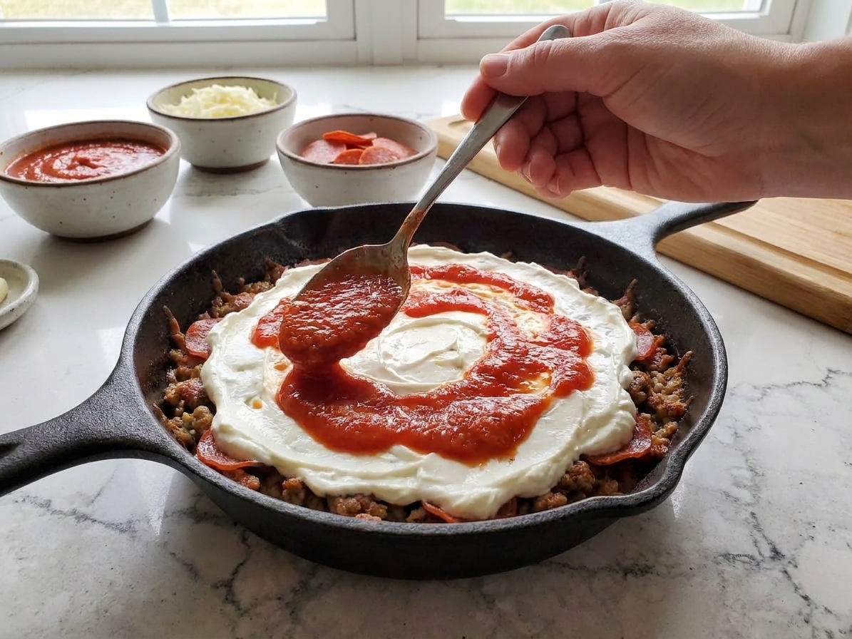 Marinara sauce being spooned over a creamy layer in a cast iron skillet before adding cheese