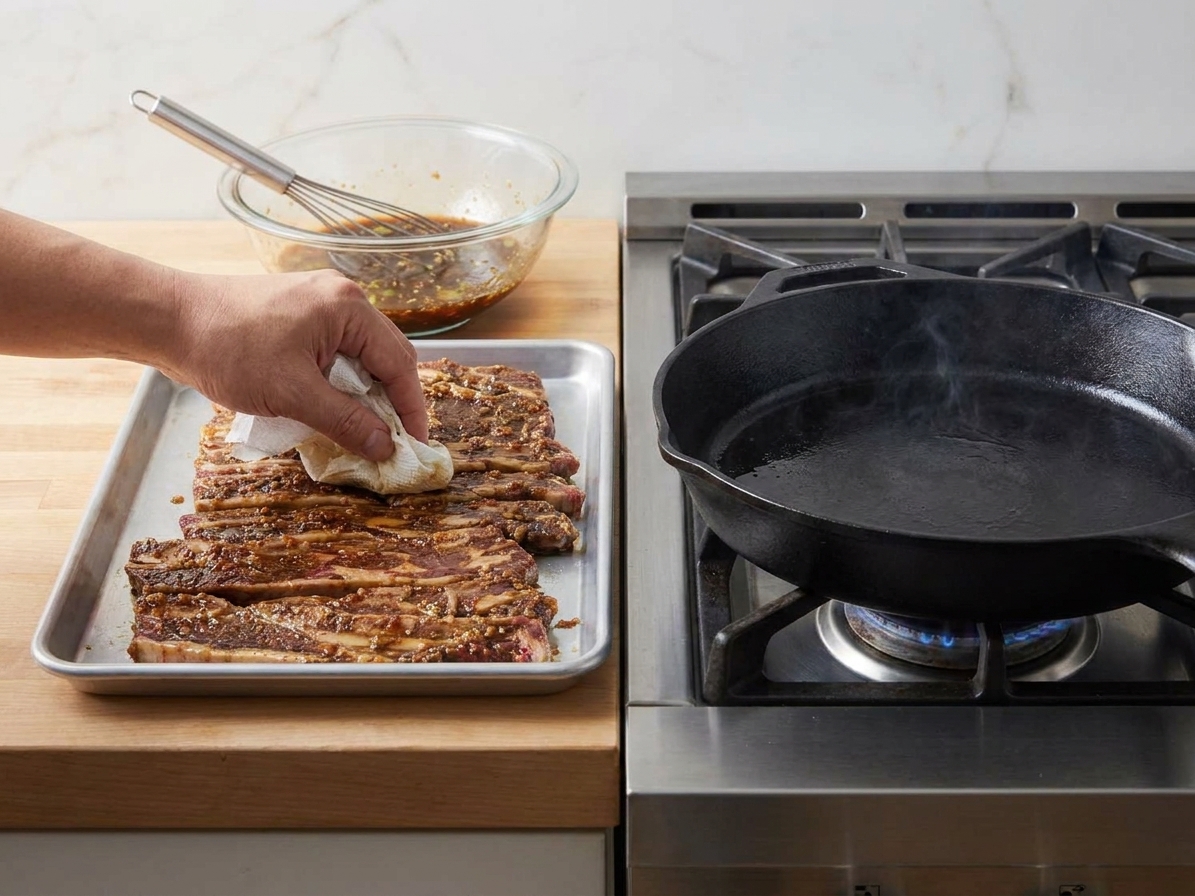 Marinated LA-style short ribs being lightly blotted with paper towels on a sheet pan next to a hot cast iron skillet