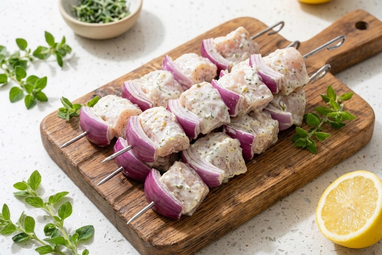 Marinated chicken pieces and red onion threaded onto metal skewers on a wooden cutting board