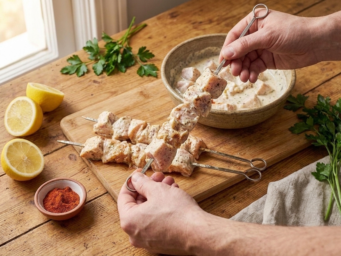 Marinated chicken pieces being threaded onto metal skewers on a wooden cutting board